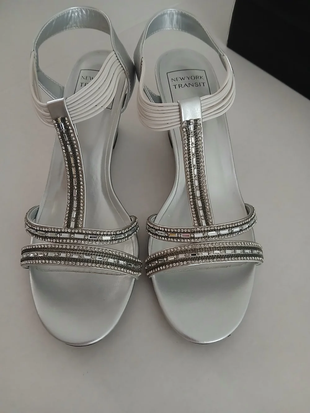 New York Transit Silver Wedge $22 Sandals with Beaded Straps Size 8.5
